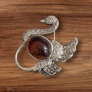 Vintage Silver-Tone Swan Brooch Colored Cabochon accent textured  jewelry