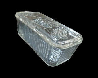 Vintage Federal Glass Ribbed Refrigerator Dish W/ Clear Lid Rectangular 8x4