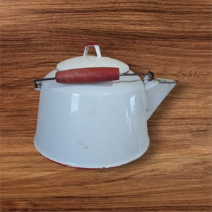 Vintage Enamel White Teapot With Red Trim & Wooden Handle