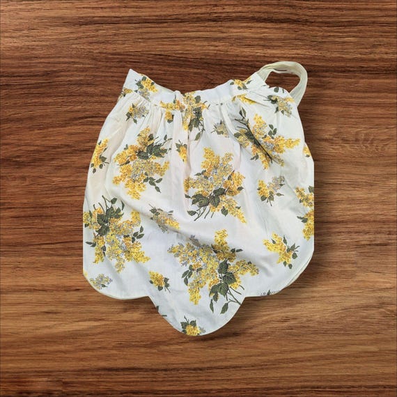 Vintage 1950s Floral Half Apron Yellow Cotton Retro Kitchenware