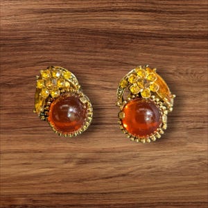 Vintage Gold-Tone Clip-On Earrings W/ Faux Amber Cabochon & Rhinestone Accents