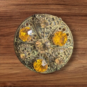 Vintage Gold-Tone Brooch With Amber & Clear Rhinestones Filigree  Pinback 1.75&quot;
