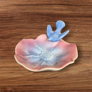 vtg Royal Copley Lotus Trinket/Soap Dish W/Perched Bluebird, dresser bathroom