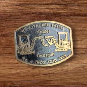 Vintage Dynabuckle Solid Brass Belt Buckle We Attacked Safely Texasgulf No. 4 Phos Acid 1995 brass