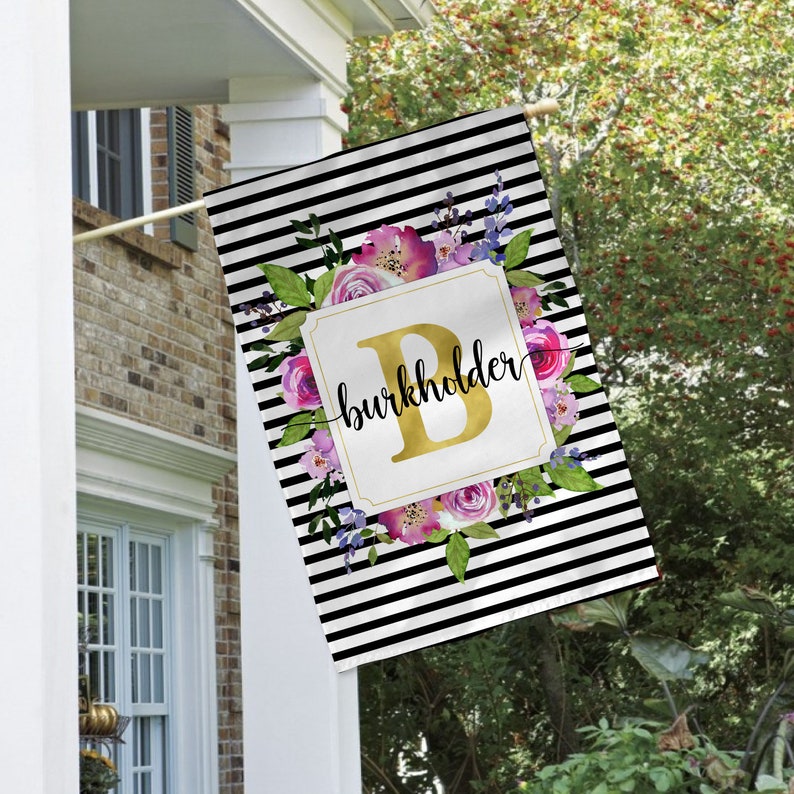 Floral Striped Monogram House Flag Family Name House Flag Etsy