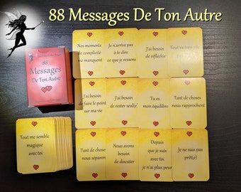 May include: A deck of 88 message cards titled "88 Messages De Ton Autre" with a red box and cards with French text. The cards have a yellow background with red heart accents. A fairy graphic is in the upper left corner.