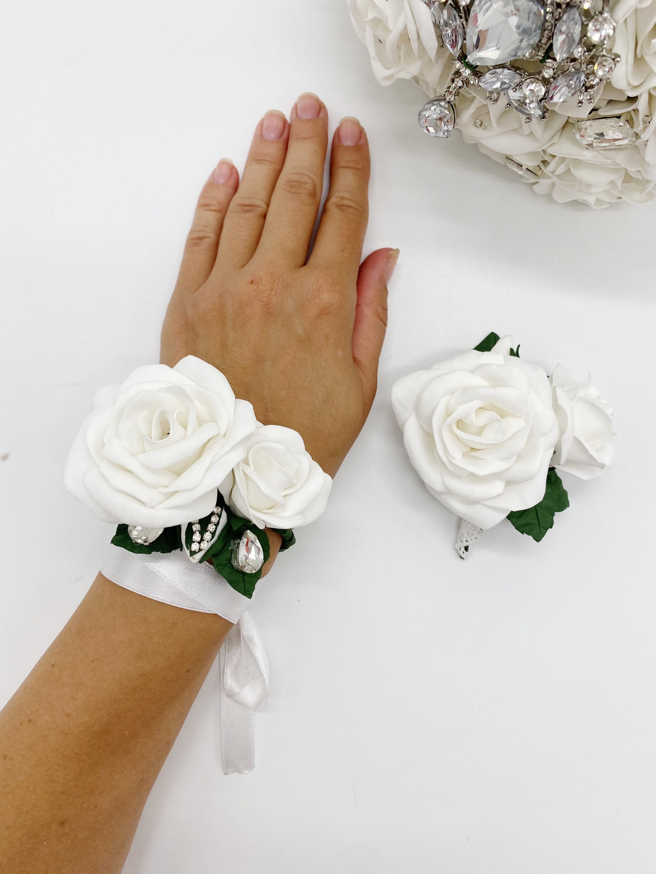 White corsage. White wrist corsage. Rhinestones corsage. White Etsy