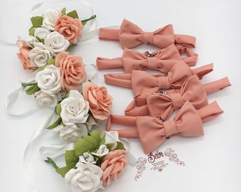 Peach Bridesmaid Wrist Corsage and Bow Tie Set Wedding Bridal Corsage Set 5 Coral Bow Tie and 5 Bridesmaid Corsages Set Flower Corsage