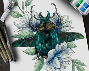 Green Scarab Beetle Print: Limited Edition Watercolor & Ink Wall Art
