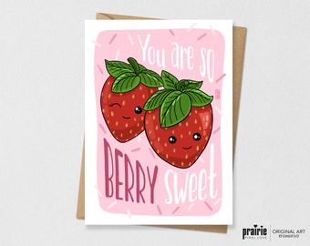 Printed Strawberry Card, Strawberry Birthday Card, Berry Cute, Birthday Card, Pun Card, Punny Card, Strawberry Birthday, Teen Birthday Card