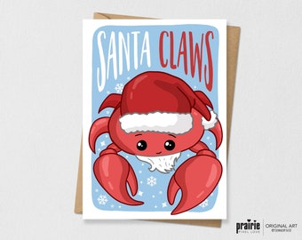 Crab Christmas Card, Funny card, Santa Claws Christmas Card, Holiday Card, Funny Christmas Card, Cute Card, Pun Card, Cute Christmas Card