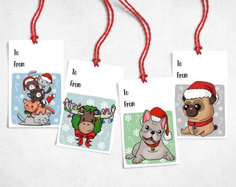 May include: Four Christmas gift tags with different animal illustrations. The tags are white with a blue and white snowflake pattern and a red string. The first tag features a stack of four cats wearing Santa hats. The second tag features a moose wearing a wreath with lights. The third tag features a French bulldog wearing a Santa hat. The fourth tag features a pug wearing a Santa hat.