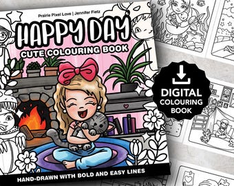Happy Day Cute Colouring Book, Adult Colouring Book, Colouring Book, Cute Colouring, Bold and Easy, Digital Colouring Pages, Digital