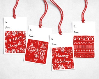 Set of 8 Red Christmas Gift Tags, Gift Tags, Tags, Holiday Gift Tags, Holiday Tags, Gift Tags Christmas, Illustrated Tags, Gift Wrapping