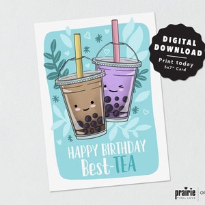 Tarjeta de té de burbujas impresa, tarjeta de cumpleaños de té de burbujas, té de burbujas, tarjeta de cumpleaños, tarjeta de pun, tarjeta punny