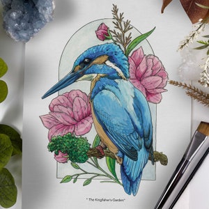 PRINT &quot;The Kingfishers Garden&quot; Limited Edition Print, Kingfisher Painting, home decor, watercolour, ink drawing, fine art, wall art,