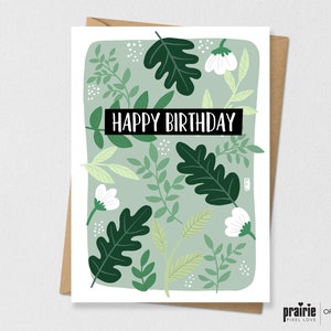 Cartão de aniversário com folhas verdes impressas, cartão de aniversário, cartão de aniversário floral, cartão de aniversário, cartão de aniversário adulto, cartão de aniversário adolescente,