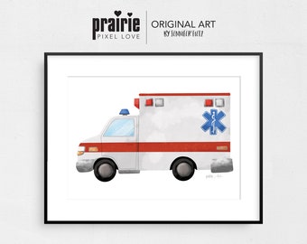 Ambulance Print, Ambulance Poster- Art print, Nursery Art, Rescue Trucks  watercolour, Ambulance Decor, Ambulance