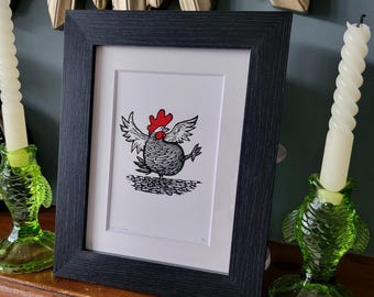 Kickin' Chicken - original handmade linocut bird art print