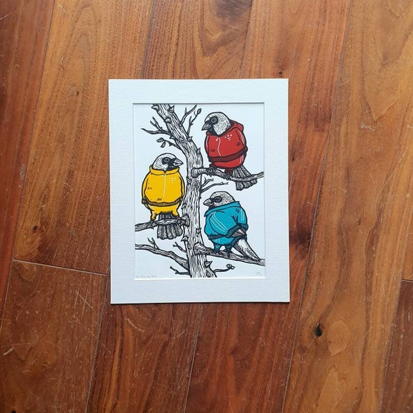 Tracksuited birds - handmade linocut bird art print