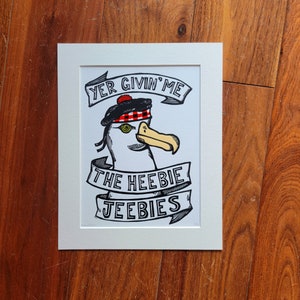 Yer Givin Me the Heebie Jeebies - originele handgemaakte linosnede vogelkunstprint