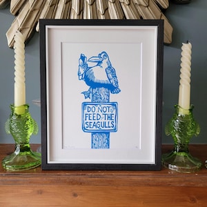 Avian Attitude - handgemaakte originele linosnede zeemeeuwvogelkunstprint