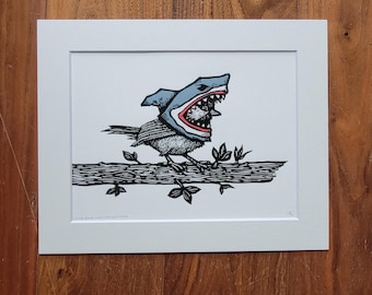 Linocut Shark and Bird Art lino print - Handmade Original art