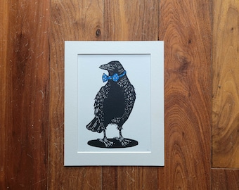 Crow wearing a bow tie - original handmade linocut art bird print
