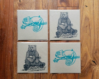 Pack of 4 Hand Printed Linocut Greetings Cards - Lizard and Ukulele Playing Bear