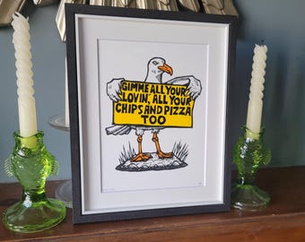 Rock n' Gull - original handmade linocut seagull bird art print
