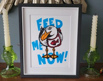 Feed Me Now! Original handmade linocut seagull bird art print
