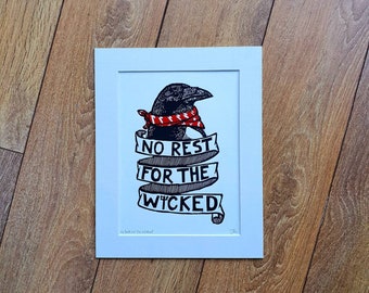 No Rest for the Wicked - original handmade linocut bird art print