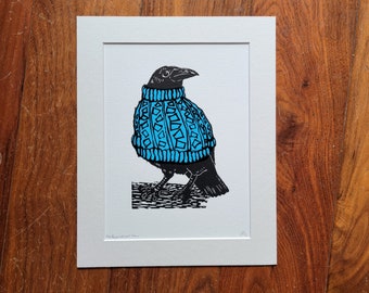 Crow wearing a blue jumper - handmade linocut bird art print