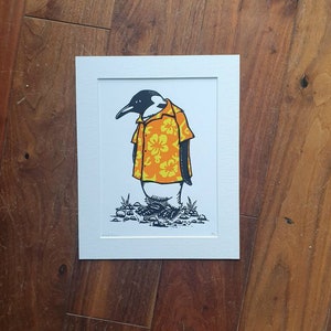 Penguin wearing a Hawaiian shirt - handmade linocut bird art print