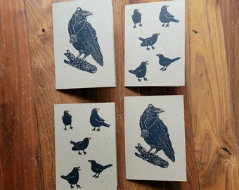 Pack of 4 Hand Printed Linocut Greetings Cards - Blackbirds and Musical Crow