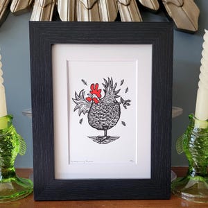 Dancing Chicken - original handmade linocut bird art print