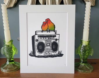 The Love Birds - handmade linocut bird art print