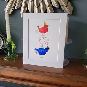 The Ice Skating Birds - original handmade hand drawn watercolour illustration