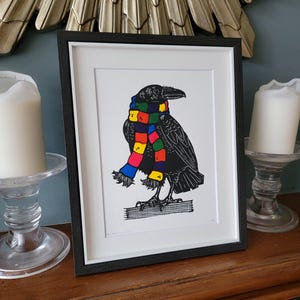 Multicoloured Crow - handmade original linocut bird art print