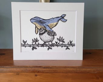 Linosnede walvis- en vogelkunst linoprint - handgemaakte originele kunst