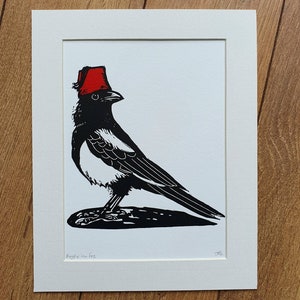 Magpie in Fez handmade linocut bird art print image 7