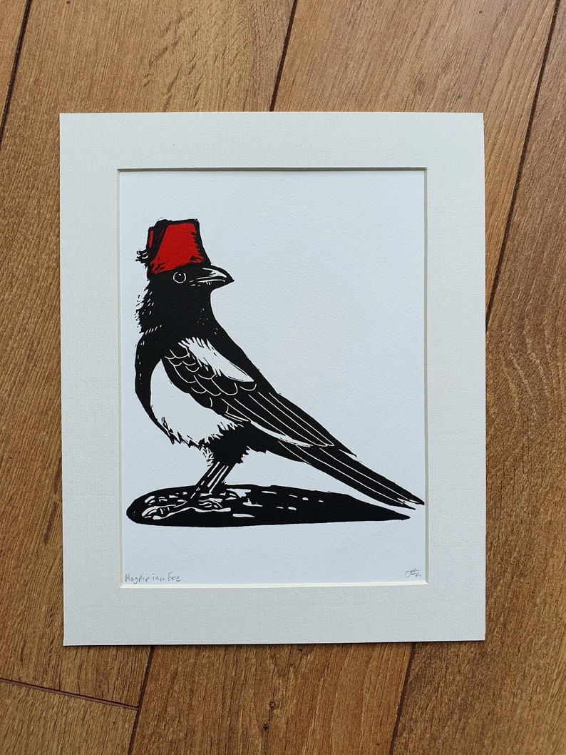 Magpie in Fez handmade linocut bird art print image 7