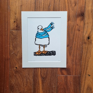 Gesjaalde meeuw - handgemaakte linosnede vogelkunstprint