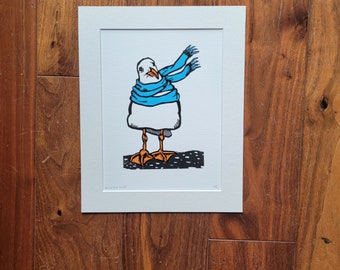 Bescarfed Seagull - handmade linocut bird art print