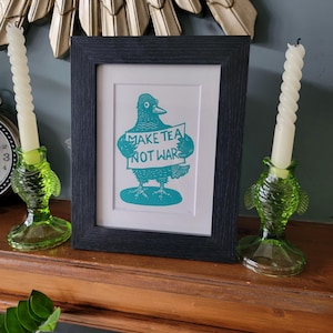Make Tea Not War - original handmade linocut bird art print