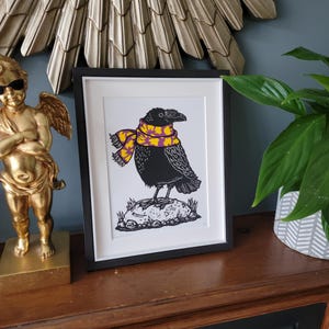 Raven wearing an Aloha scarf - original handmade linocut art bird print