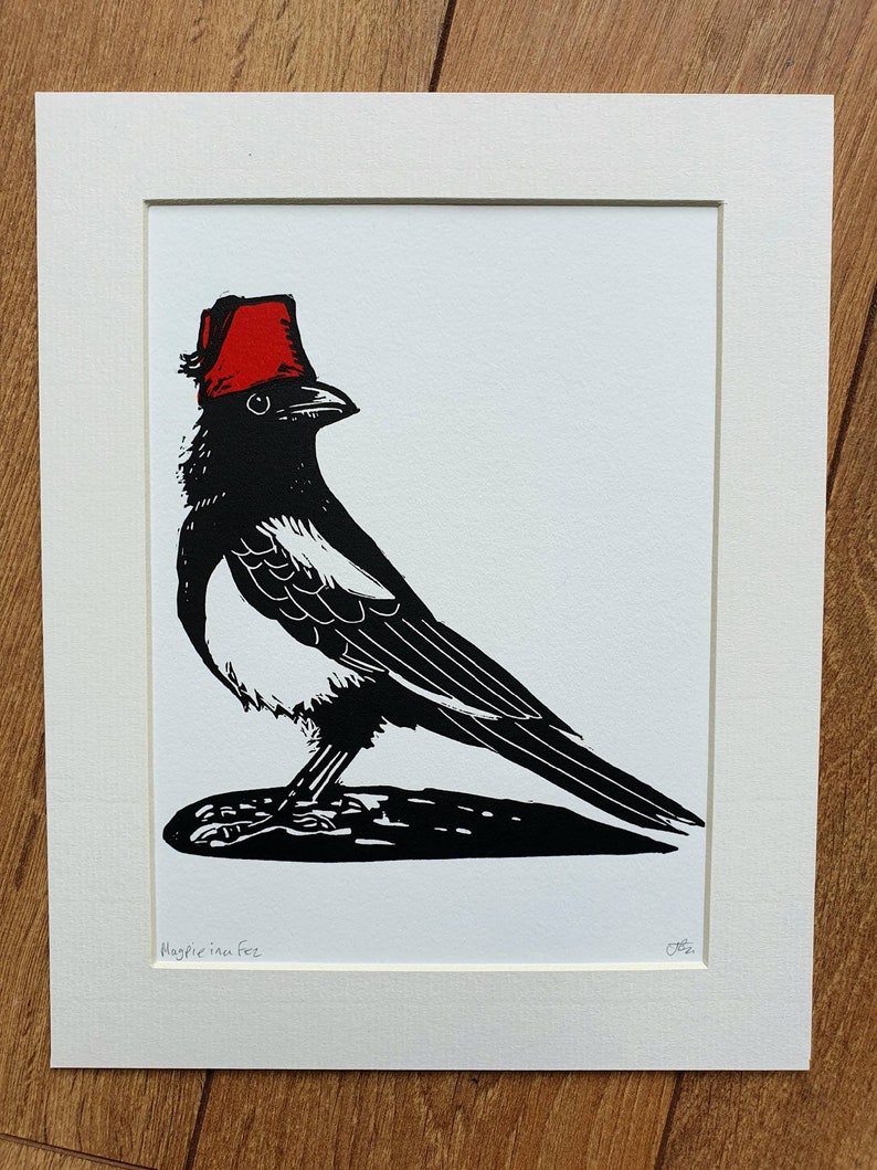 Magpie in Fez handmade linocut bird art print image 3