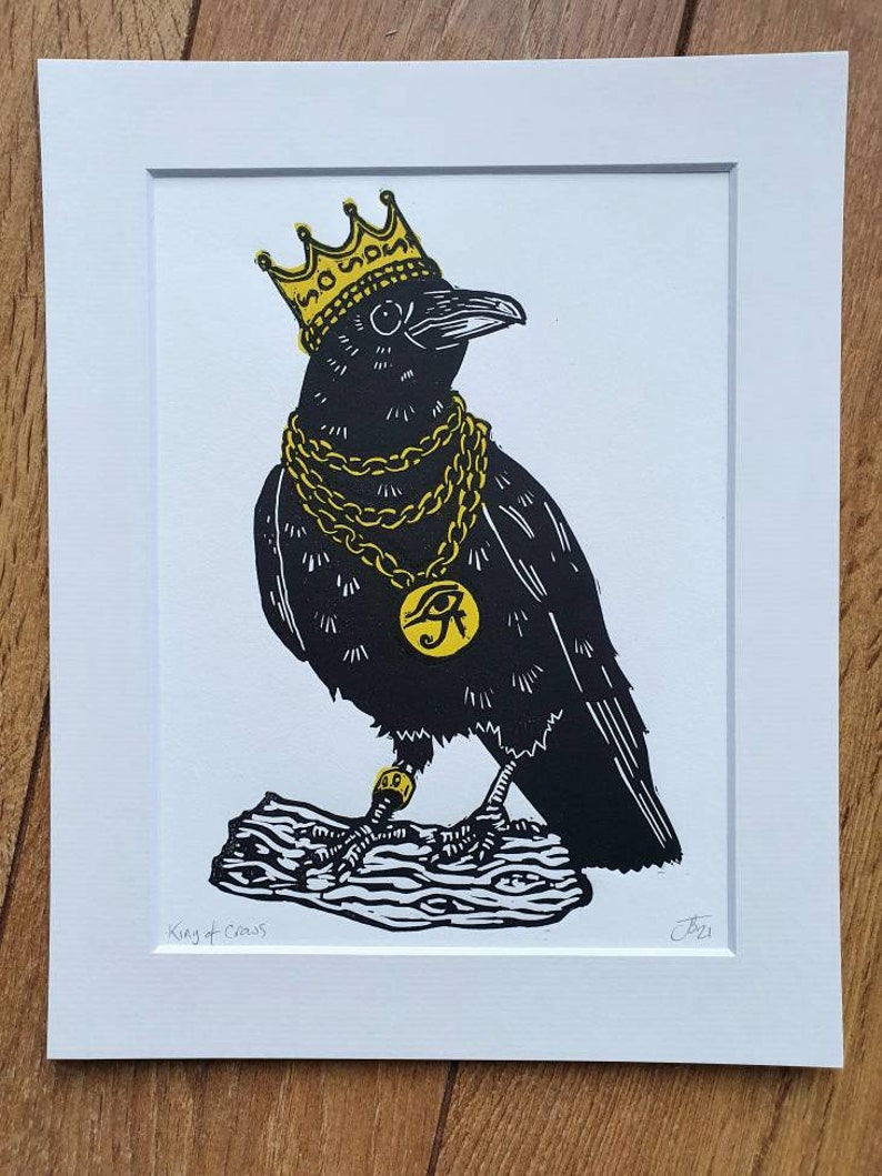 handmade original linocut art print King of Crows