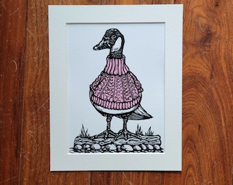 Bejumpered Canada Goose in Pink - handmade linocut bird art print