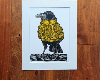 Raven wearing a mustard yellow jumper - handmade original linocut art print